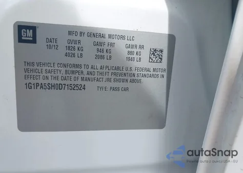 2013 Chevrolet Cruze Ls Auto из США, поврежденный, VIN 1G1PA5SH0D7152524